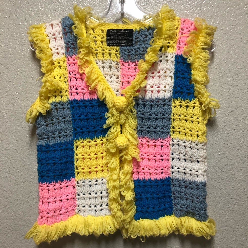 Vintage Handmade Crochet Granny Vest Yellow, Blue, Pink,Gray,White 16”X20”Large - Picture 8 of 9